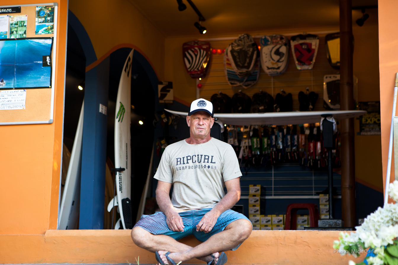Jeff Bushman at the surf shop, North Shore, Hawaii